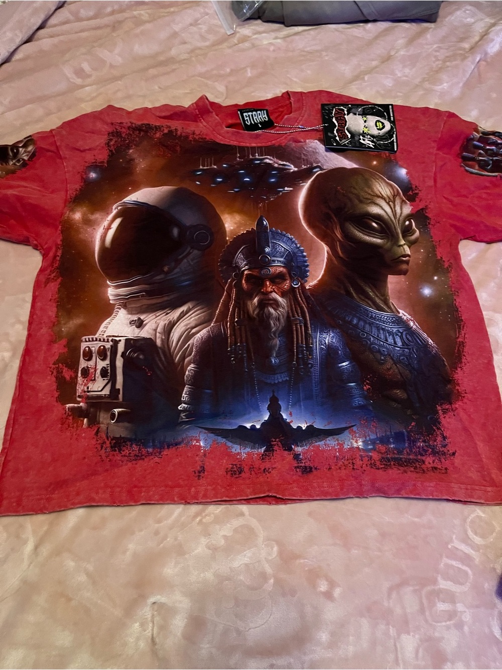 Red Graphic Short Sleeve Tee with Space & Alien Art